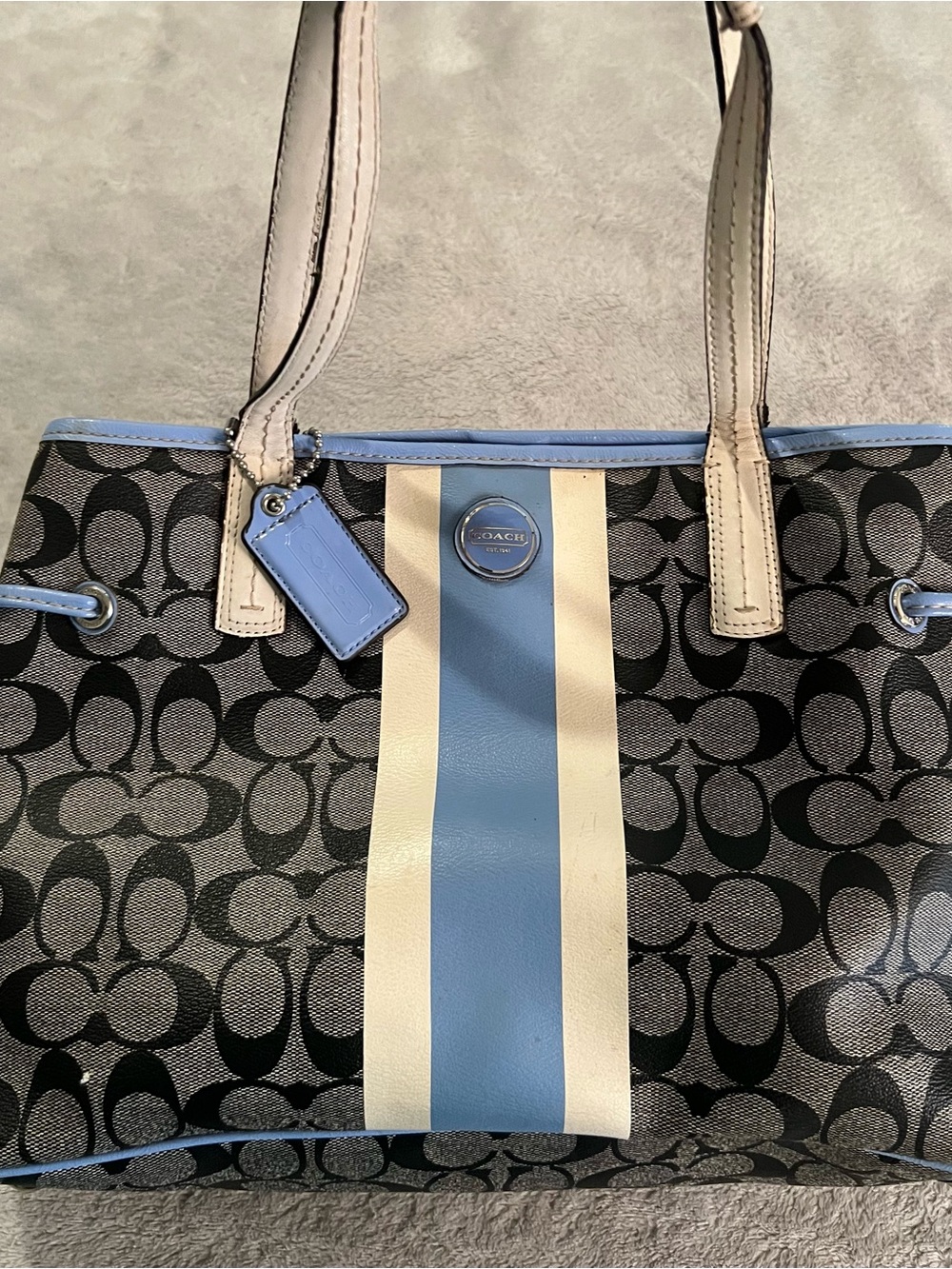 Coach Signature Stripe Carry All in Light Blue & Cream